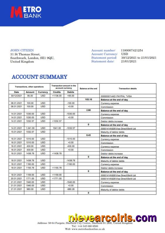 United Kingdom Metro Bank statement in Word and PDF format